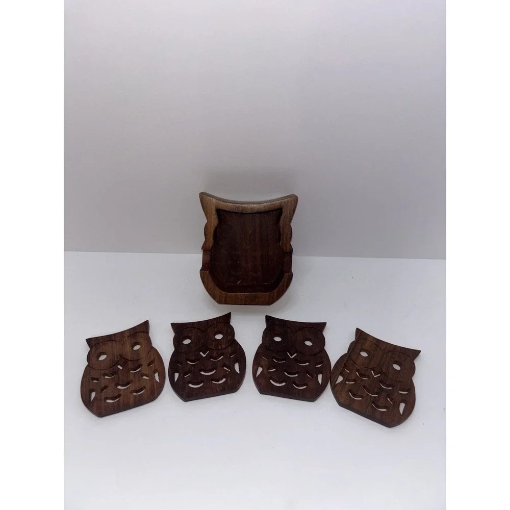 Vintage Wooden Owl Coasters Set Of‎ 4